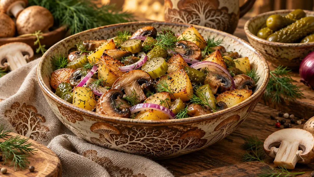 Тёплый постный салат с шампиньонами, картофелем и зеленью