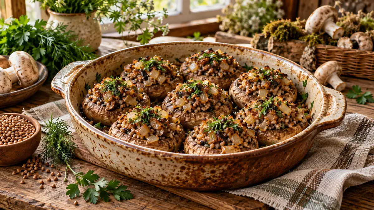 Фаршированные шампиньоны с гречкой, луком и зеленью