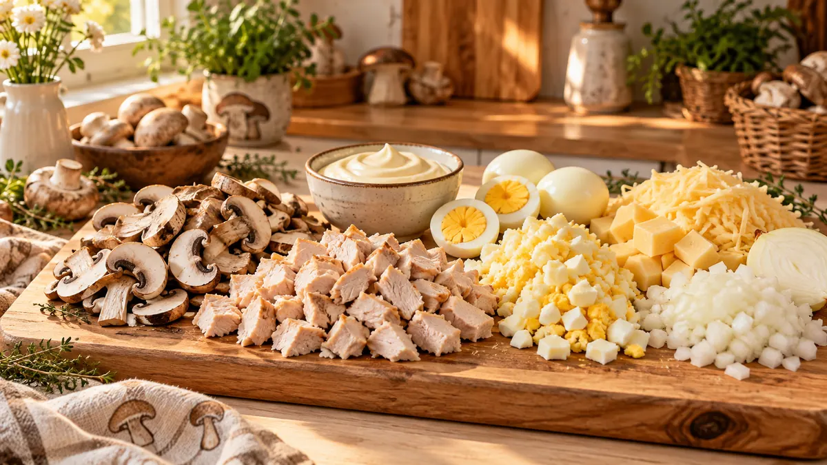 Ингредиенты для салата с шампиньонами и курицей на кухонной доске