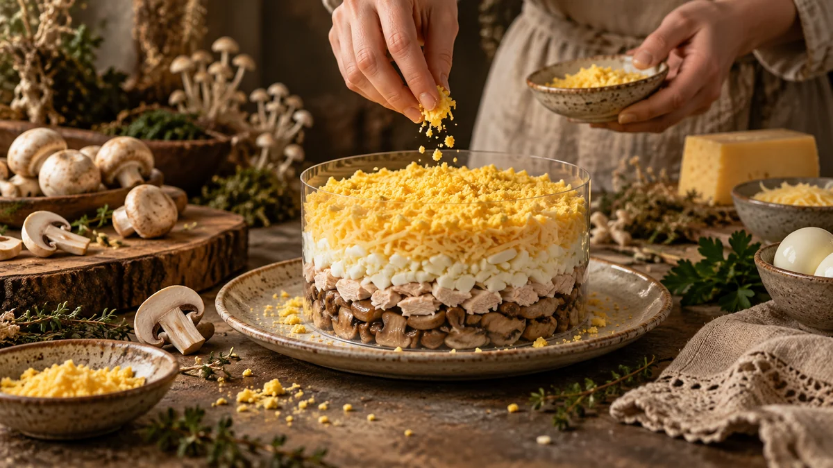 Сборка слоёного салата с курицей и шампиньонами в прозрачном кольце
