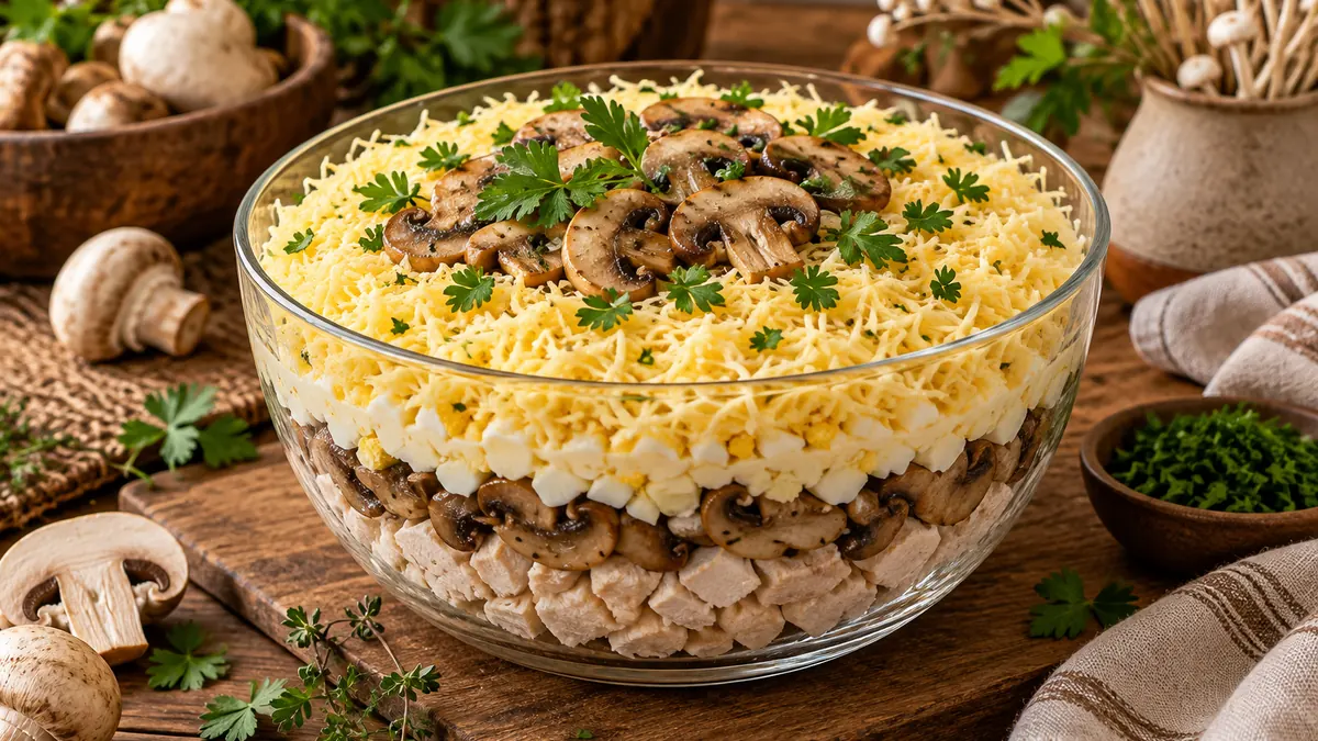Салат с шампиньонами и курицей слоями